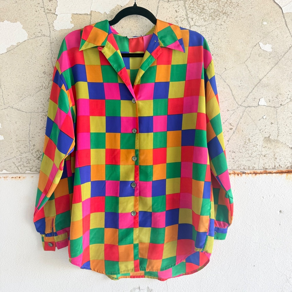 Vtg 80s Checkered Button Down Shirt Rainbow Checkerboard Blouse Impressions CA